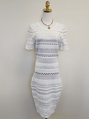 Milly White Eyelet Knit Short-Sleeve Midi Dress Size Large